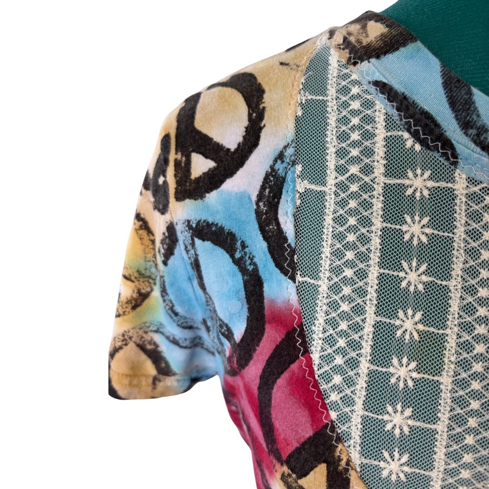 Upcycled by Me: Multicolor Boho Hippie Peace Sign Women’s T Lace Detail small XS - Picture 4 of 7